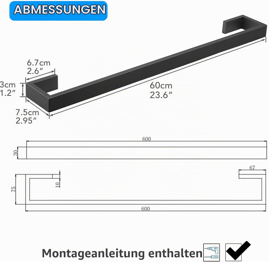 62cm Handtuchstange, Schwarz Matt, aus 304 Edelstah Wand Handtuchhalter, Schwarz Matt