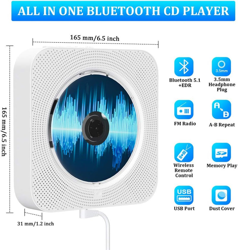 Tragbarer CD Player Bluetooth, Qoosea Wandmontierbar Eingebaute HiFi-Lautsprecher für Kinder, Music