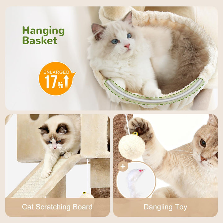 Globlazer Kratzbaum Beige Stabil mit 8 cm Dicker Stämme, Gross Katzenhaus, Gepolsterte Plattform, Ve
