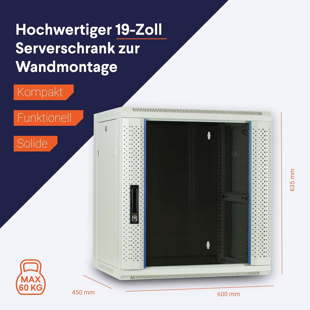 DSIT 12HE Netzwerkschrank (Serverschrank) 19 Zoll Wandmontage - mit Glastür - Weiss/Grauweiss - (BxT