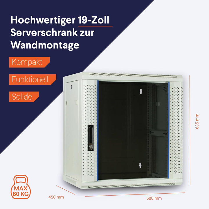 DSIT 12HE Netzwerkschrank (Serverschrank) 19 Zoll Wandmontage - mit Glastür - Weiss/Grauweiss - (BxT