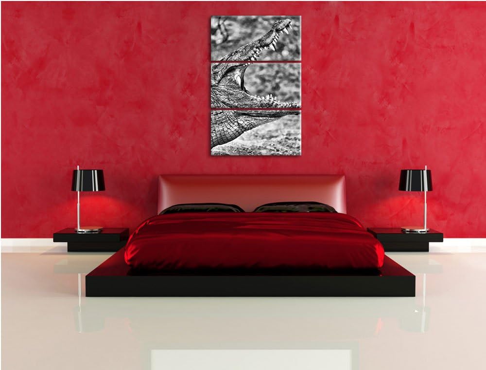 Pixxprint Monocrome, gewaltiges Krokodil 3-Teiler Leinwandbild 120x80 Bild auf Leinwand