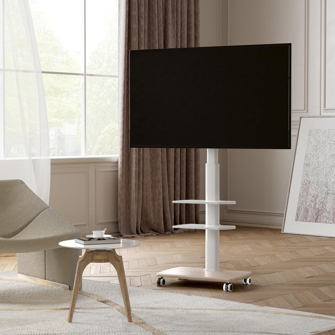 FITUEYES TV Bodenständer Rollbar mit 3 Ablagen TV Standfuss TV Ständer Fernsehstand mit Rollen höhen