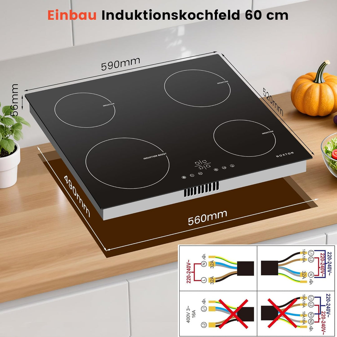 NOXTON Induktionskochfeld 60 cm mit Weisse Gläser und blaues Bedienfeld, Induktionsfeld Flexzonen 3