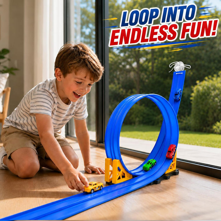 BunnyJOY Flexible Autorennbahn für Kinder mit 4 Rückziehautos, 2 Looping Rennbahn, Rampen Schwerkraf