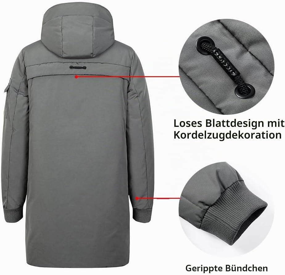 Herren Winterjacke Warm Lang Warme Atmungsaktiv Jacken Outdoor Coat mit Kapuze, S Grau