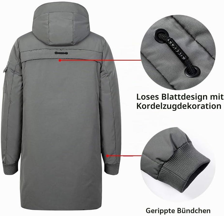 Herren Winterjacke Warm Lang Warme Atmungsaktiv Jacken Outdoor Coat mit Kapuze, S Grau