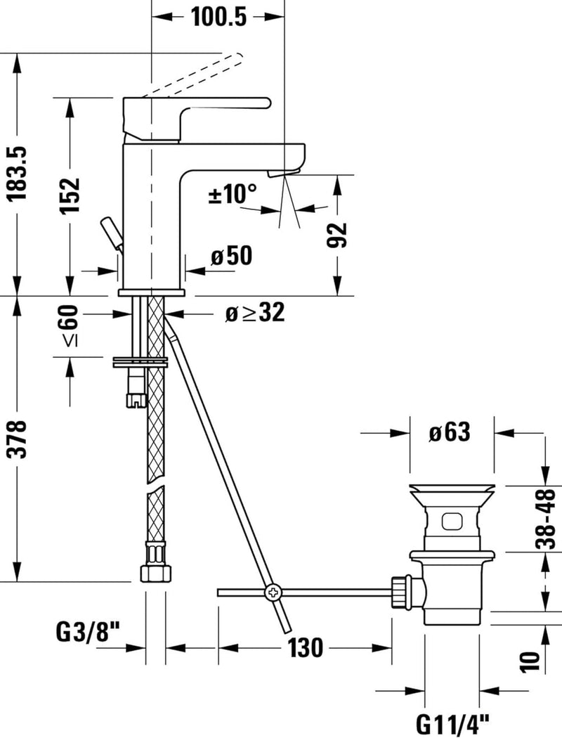 Duravit B21010 B.2 Einhebel-Waschtischmischer, Chrom mit Zugstangen-Ablaufgarnitur