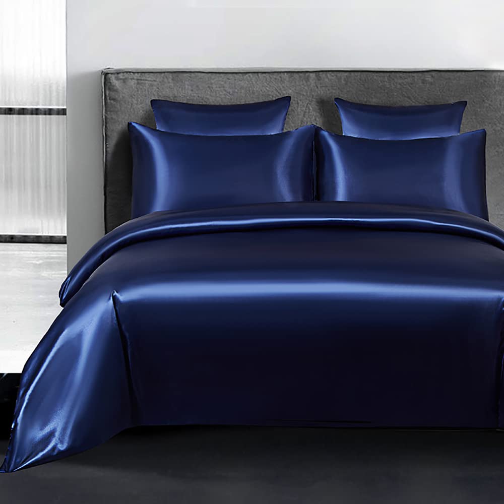Omela Bettwäsche Satin 135x200 Blau Einfarbig Glatt Glänzend Bettbezug mit Reissverschluss 2 Teilig