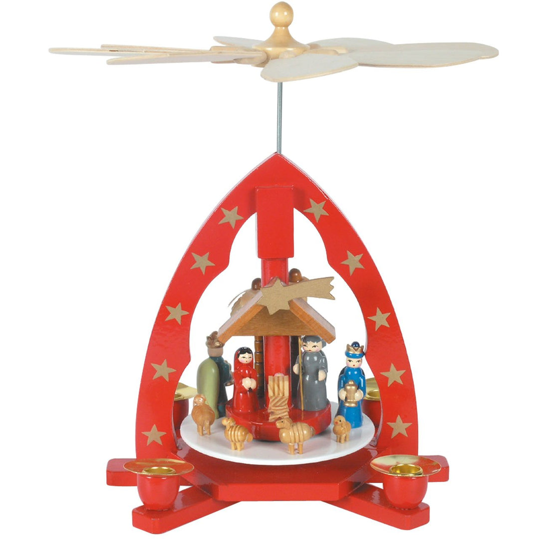 Weihnachts-Pyramide Krippe, HL. Familie und HL. DREI Könige, H: 25 cm, rot, handbemalt im Kunsthandw