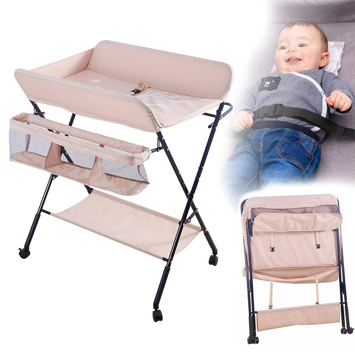 Baby Wickelkombi - klappbare Wickelkommode, mobiler Wickeltisch mit Wickelauflage, Sicherheitsgurt u