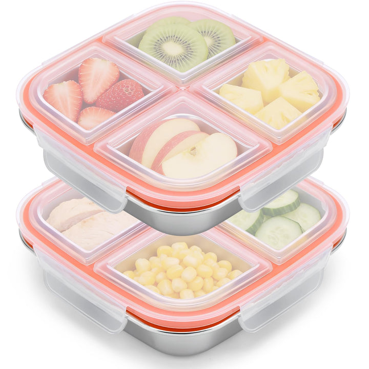 Snackbox mit 4 Fächern 2 Stück Edelstahl Brotdose 600ML Leckdichte Snackdose mit Deckel Wiederverwen