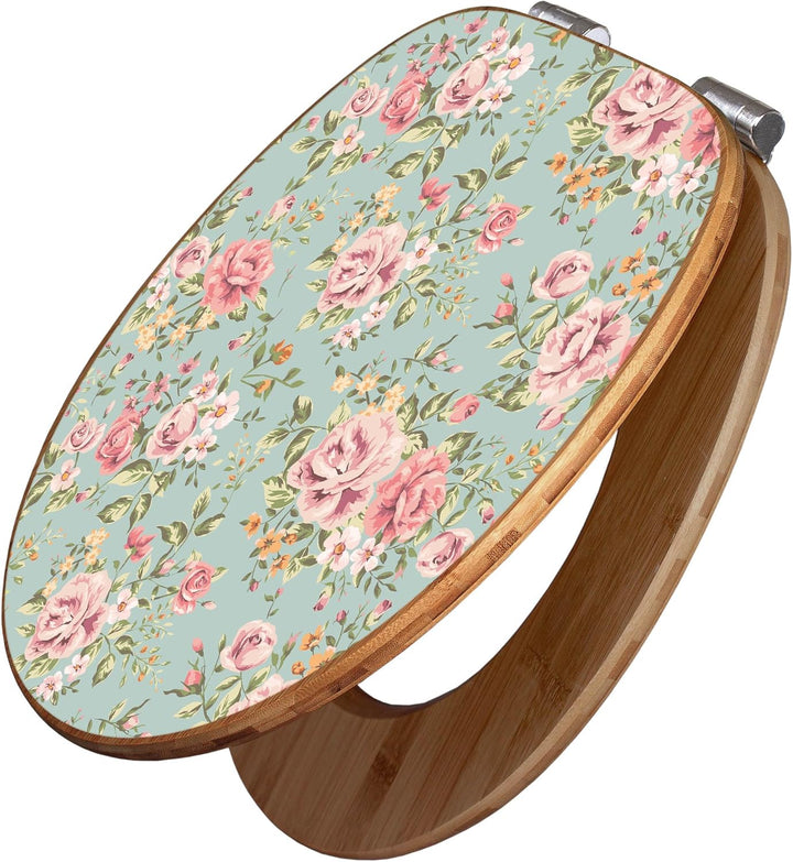 banjado® Design WC Sitz Bambus Absenkautomatik mit Motiv Altrosa Blume/Toilettendeckel mit Absenkaut