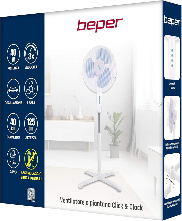 BEPER P206VEN103 Standventilator, 3 Flügel, höhenverstellbar bis 125 cm, 3 Geschwindigkeiten, automa