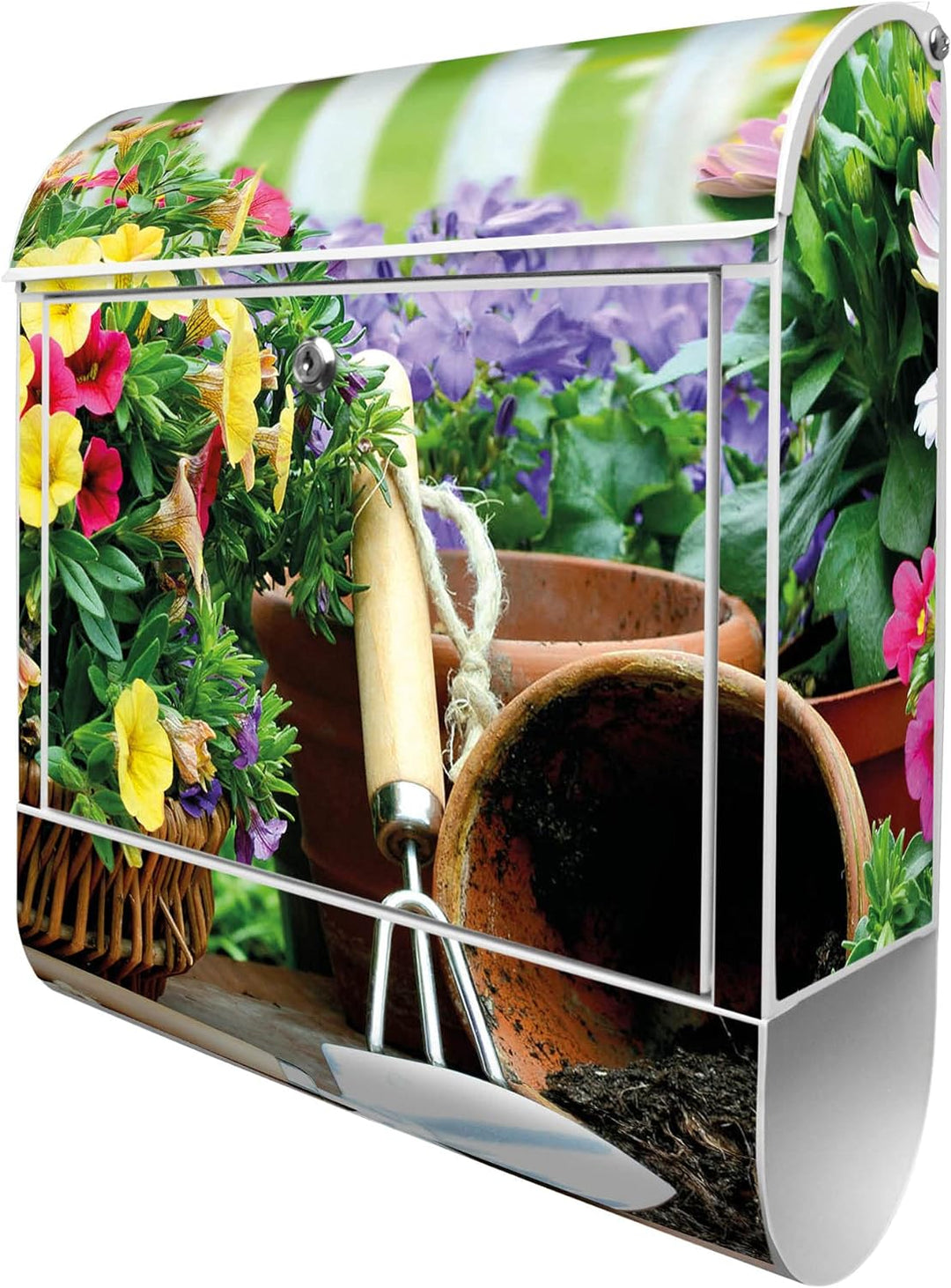 banjado® Design Briefkasten mit Motiv Gartenfreude 39x47x14cm & 2 Schlüssel - Briefkasten Stahl weis