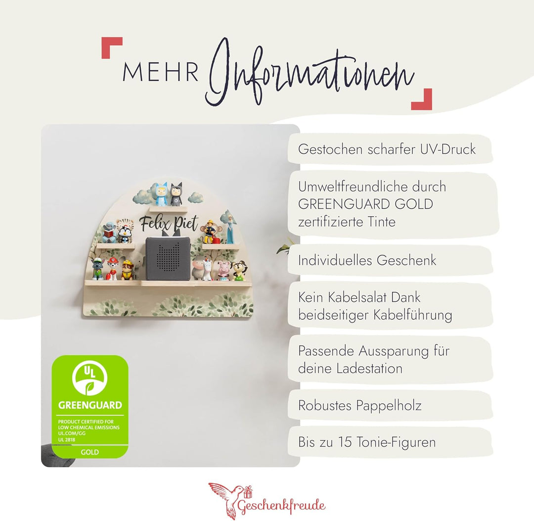 Geschenkfreude Personalisiertes Toniebox Regal für Kinderzimmer - Kinder Wandregal für Tonie Hörfigu