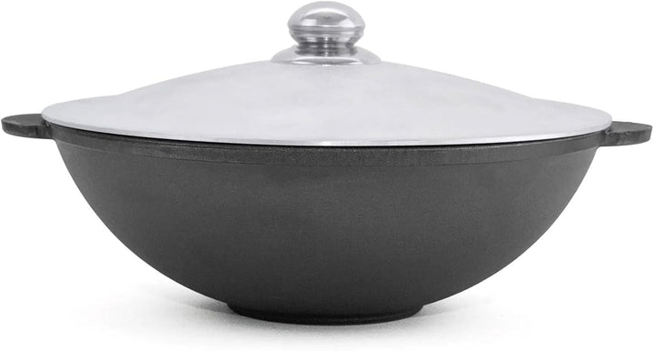 BIG-PAN Wok 30 cm Kazan aus Gusseisen 4,7 L mit zwei Griffen Aluminiumdeckel Bambus-Küchenutensilien