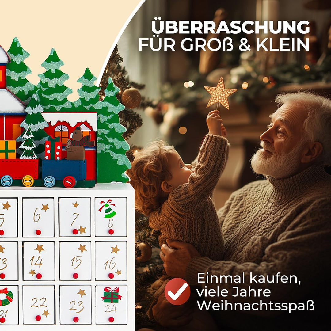 SPIELWERK® Adventskalender Winterlandschaft zum Befüllen wiederverwendbar 24 Türchen Bunt Bemalt Wei