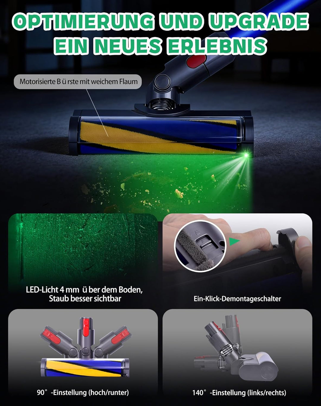 Bürste Kompatibel Mit Dyson V7 V8 V10 V11 V15 Staubsaugerbürstenkopf, Ausgestattet Mit Grünem Laserl