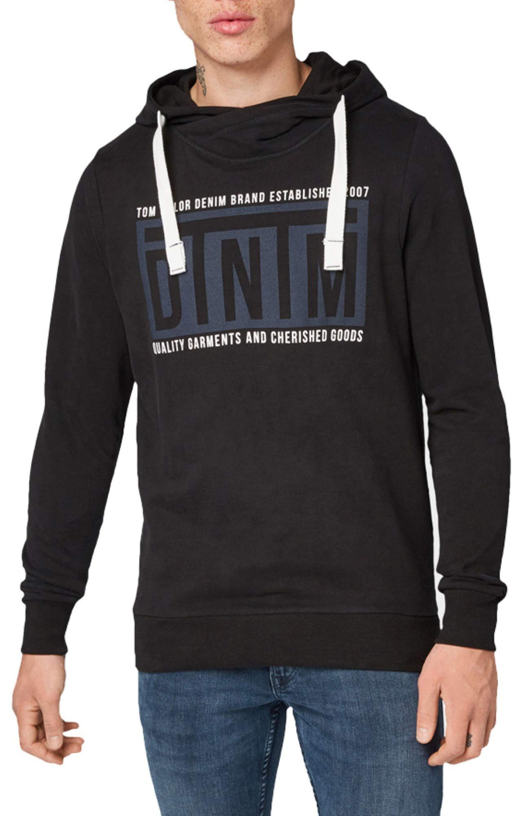 TOM TAILOR Denim Herren Print Hoody Kapuzenpullover, Schwarz (Black 29999), Small (Herstellergrösse: