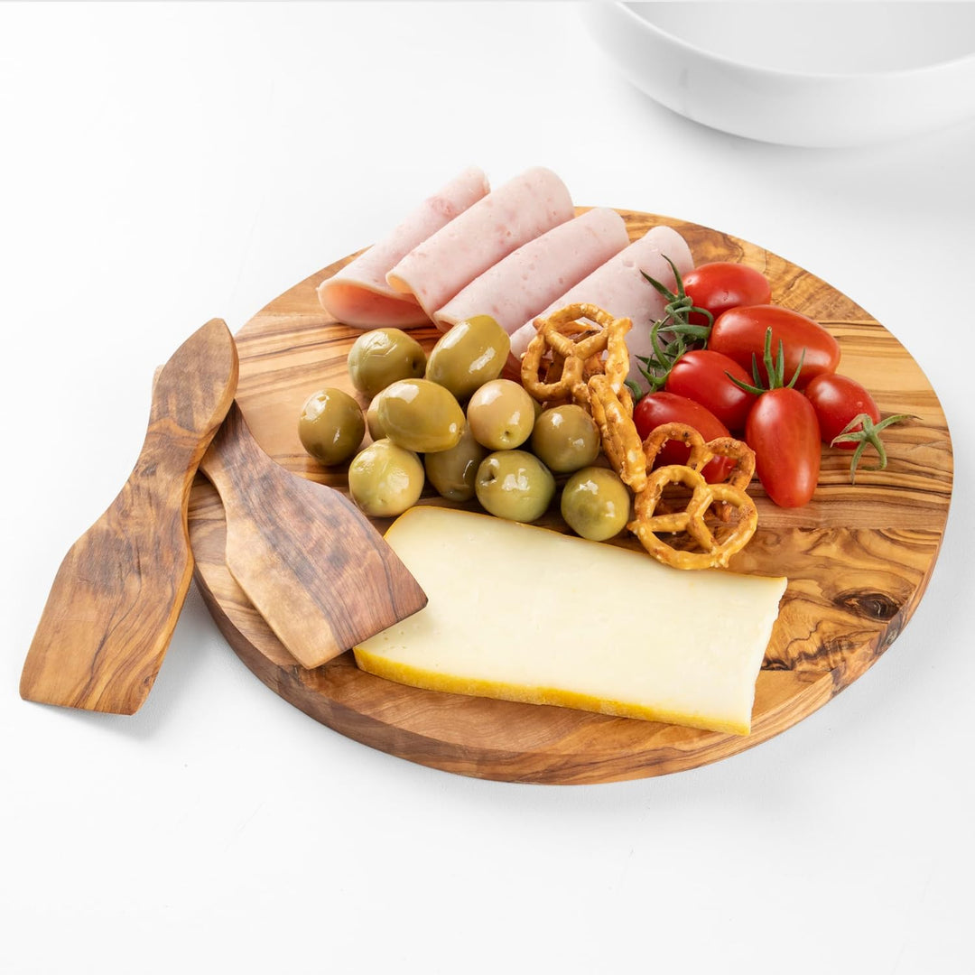 Handgefertigtes rundes Paddelbrett aus Olivenholz – gestreiftes Servierbrett für Käse, Brot und Vors