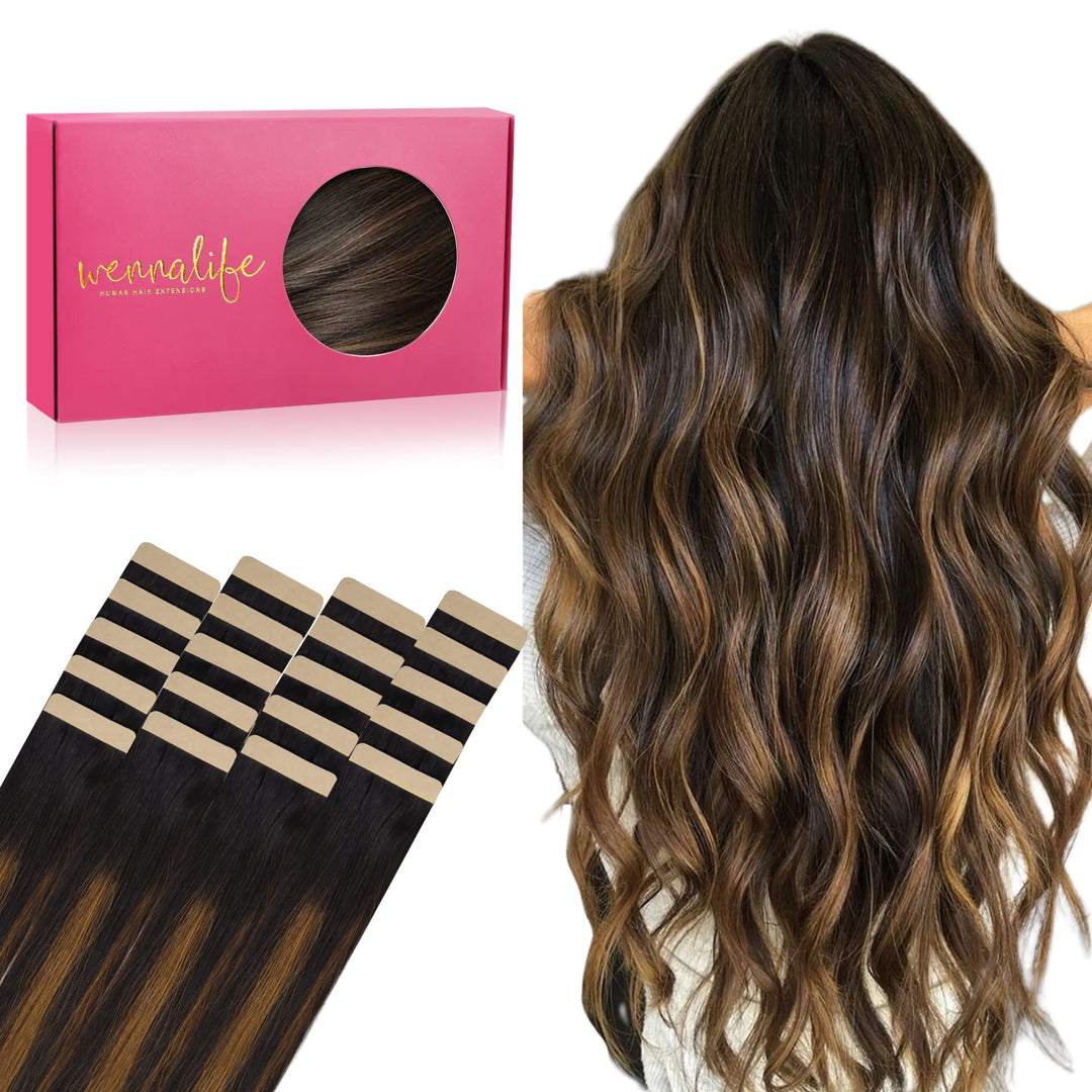 WENNALIFE Tape Extensions Echthaar, 20pcs 50g 60cm 24 Zoll Balayage Natürliches Schwarz bis Chestnut