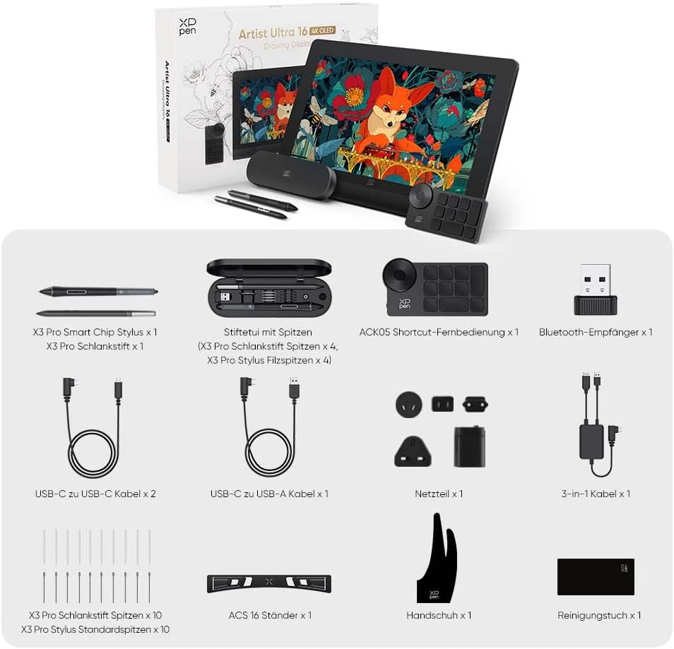XPPen Artist Ultra 16 OLED 4K Touch-Screen-Grafikdisplay, 100,000: 1 Kontrast, 99% Adobe RGB Farbabd