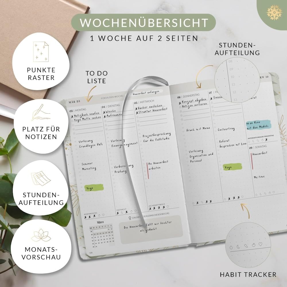 Lebenskompass Studienplaner 2024 2025 A5 ”BOTANICAL” - Schöner Semesterplaner für Uni - Terminplaner