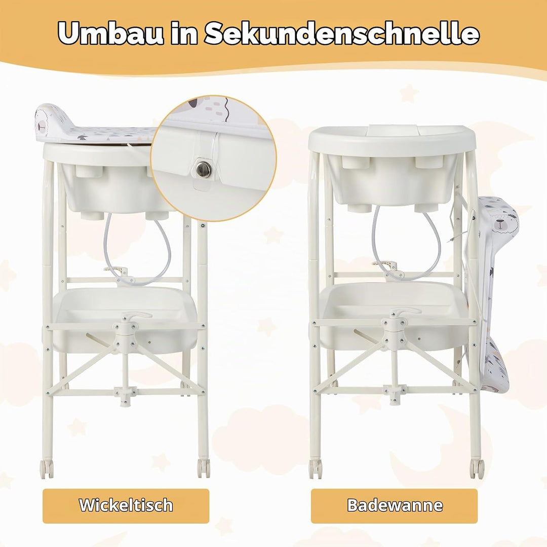 FANTASK 4 in 1 Wickeltisch mit Badewanne, mobile Babybadewanne mit Universalrädern, tragbare Wickelk