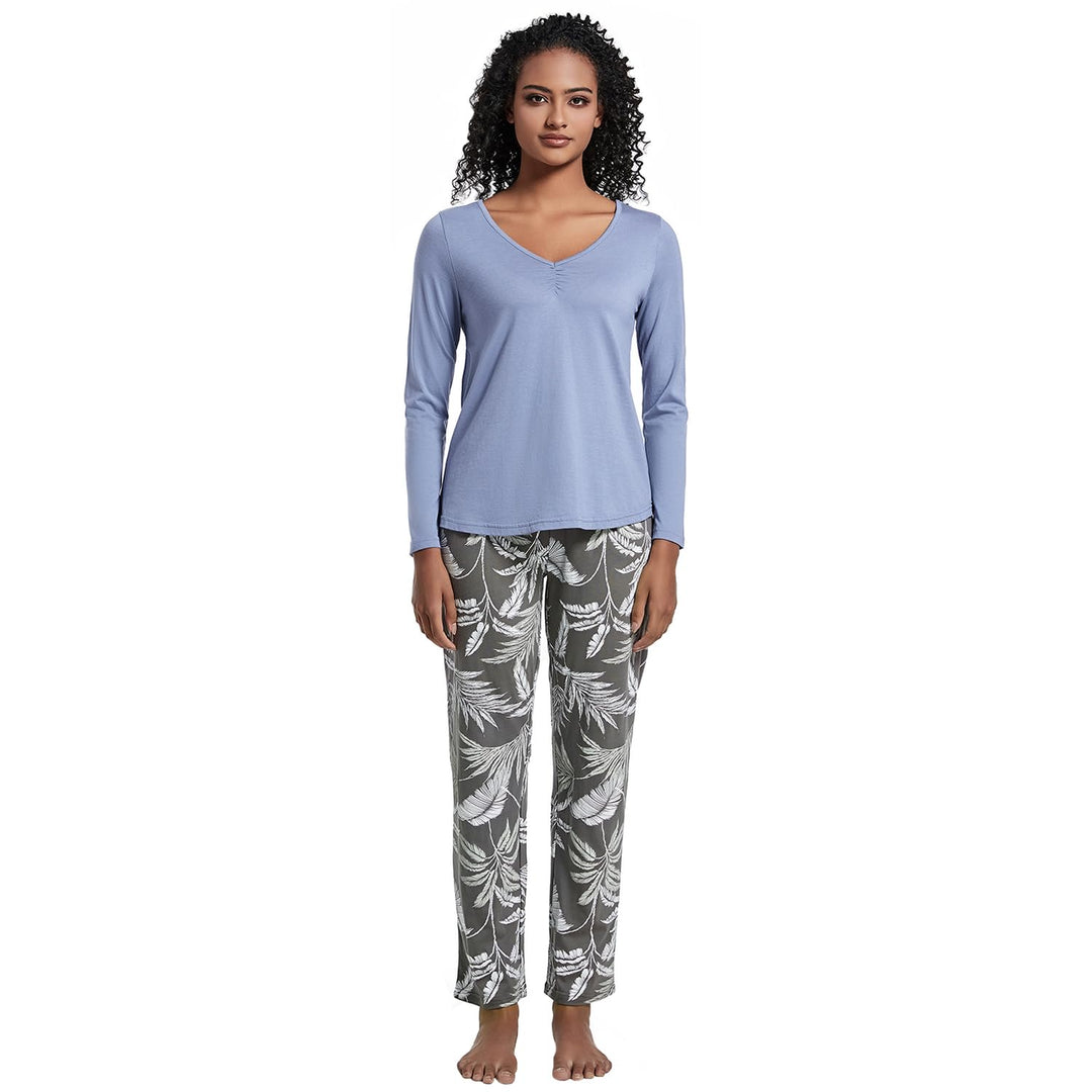 Mnamo Damen Schlafanzug Weich Gestricktes Pyjama Set Gemütliche Nachtwäsche Baumwolle und Modal Atmu