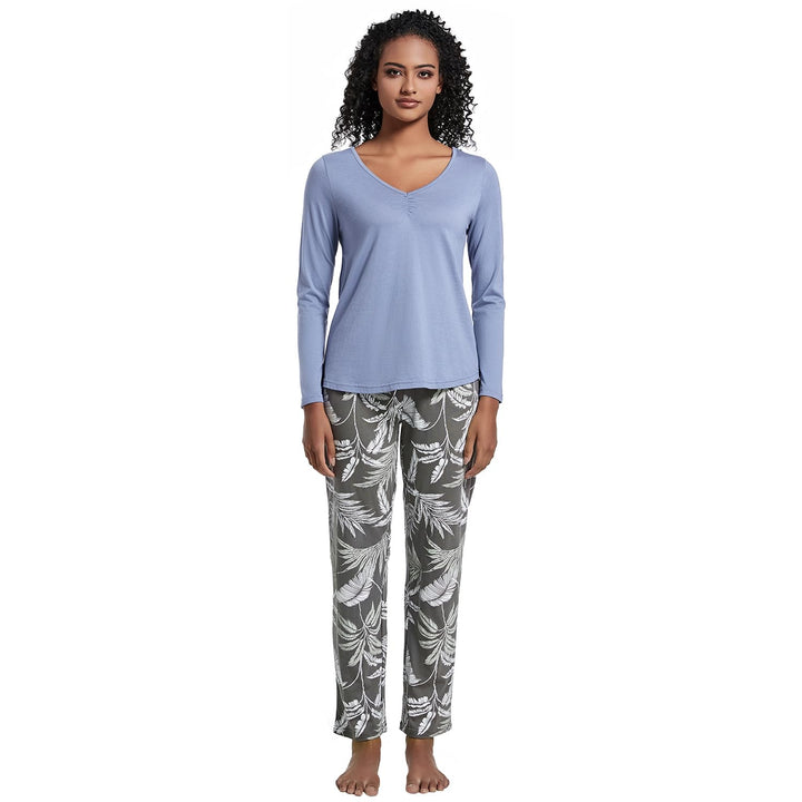 Mnamo Damen Schlafanzug Weich Gestricktes Pyjama Set Gemütliche Nachtwäsche Baumwolle und Modal Atmu