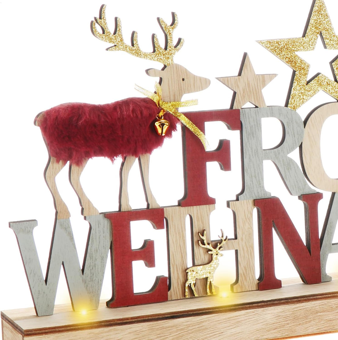 com-four® LED Deko Aufsteller aus Holz - beleuchteter Schriftzug auf Holzsockel - Deko-Schriftzug zu