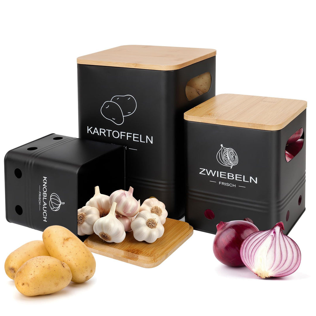 Kartoffel Aufbewahrungsbox, Aufbewahrung Kartoffeln Zwiebeln Knoblauch - 3er Set mit Bambusdeckel -