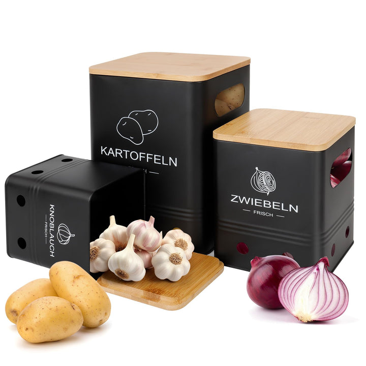Kartoffel Aufbewahrungsbox, Aufbewahrung Kartoffeln Zwiebeln Knoblauch - 3er Set mit Bambusdeckel -