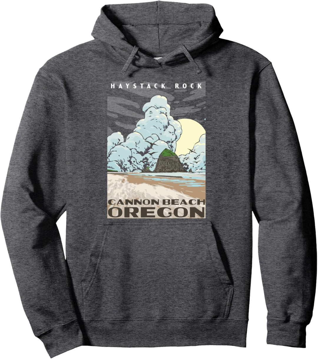 Cannon Beach Oregon Haystack Rock Retro WPA Style Vintage Pullover Hoodie