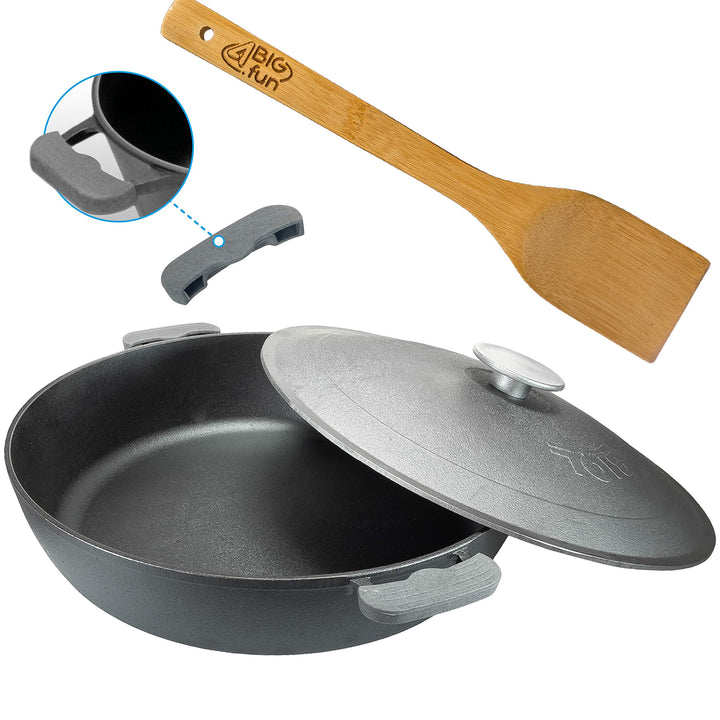 Servierpfanne Bräter aus Gusseisen 36 cm mit Deckel + Pfannenwender Induktion Bratpfanne Braten Brat