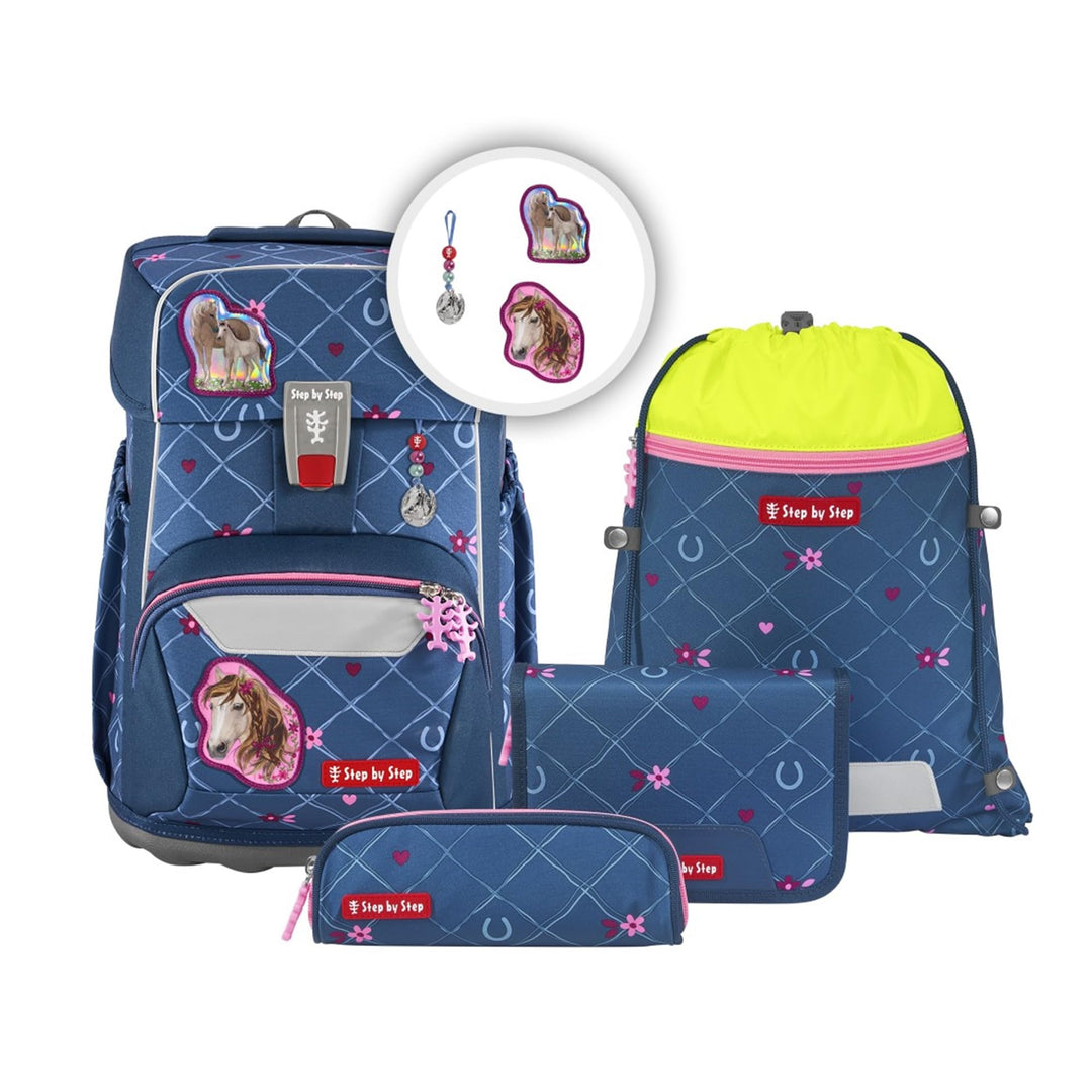 Step by Step Giant Schulranzen-Set „Horse Lima“, 5-teilig, blau, ergonomischer Tornister mit Reflekt