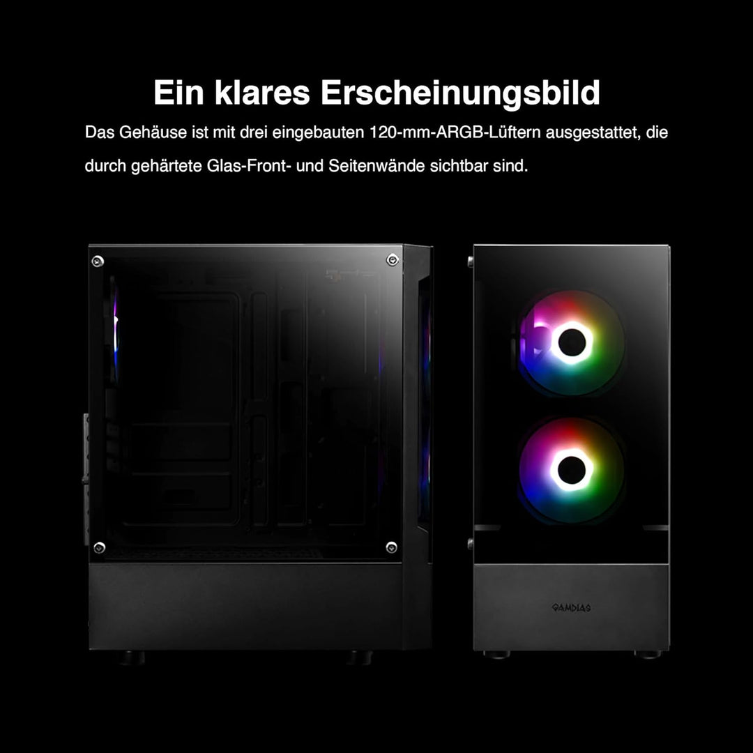 GAMDIAS ATX Mid-Tower Gaming-PC-Gehäuse, Enthält 3 x 120 mm ARGB-Lüfter, High Airflow Mesh Front, Ge