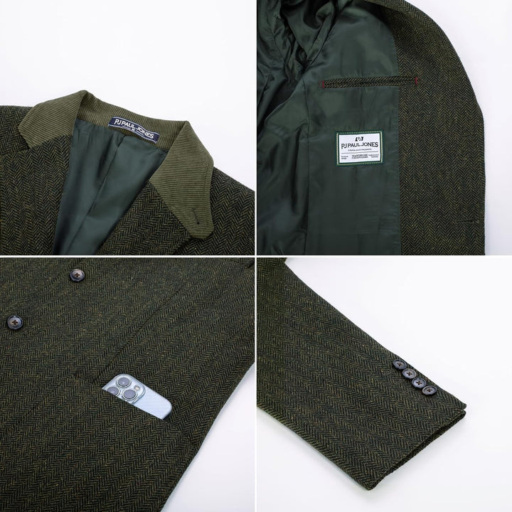 PaulJones Sakko Herren 2 Knöpfe Vintage Blazer Tweed Sakko aus Wollmischung XL Grün, XL Grün