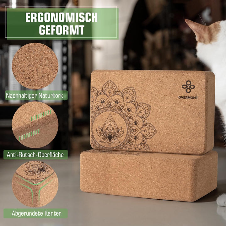 Overmont Yogablöcke Kork 2er Set Yogaklotz - Yoga Block mit Yoga Gurt - Korkblock für Fitness Pilate