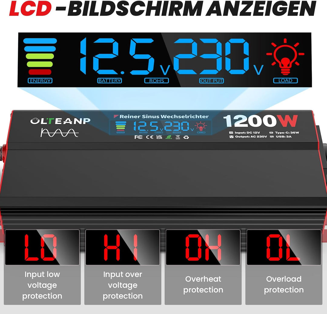OLTEANP Wechselrichter 12V auf 230V Reiner Sinus,Spannungswandler 1200W Inverter mit LCD-Bildschirma
