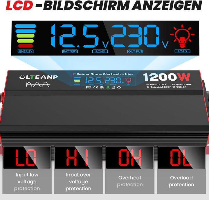 OLTEANP Wechselrichter 12V auf 230V Reiner Sinus,Spannungswandler 1200W Inverter mit LCD-Bildschirma