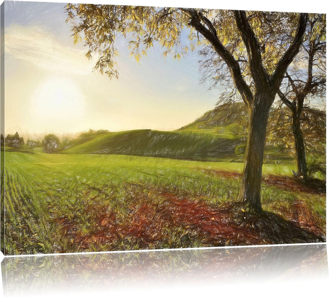Pixxprint Landschaft im Herbst Kunst Buntstift Effekt, Format: 100x70 auf Leinwand, XXL riesige Bild