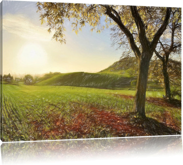 Pixxprint Landschaft im Herbst Kunst Buntstift Effekt, Format: 100x70 auf Leinwand, XXL riesige Bild