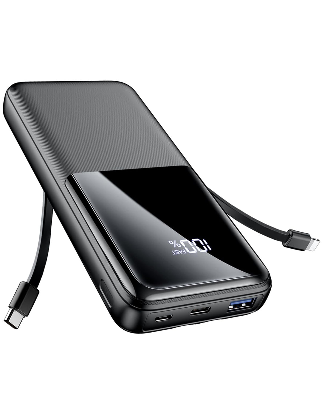 Power Bank 26800mAh, Tragbares Ladegerät mit 3 Anschlüssen & 2 integrierten Kabeln, USB C Schnelllad