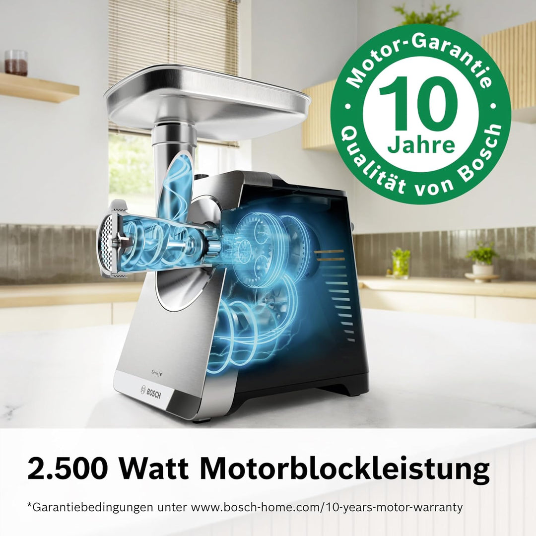 Bosch Fleischwolf Serie 8, 3 Lochscheiben (3/4,5 / 8mm), Edelstahl, spülmaschinenfest, Kebbe- & Wurs