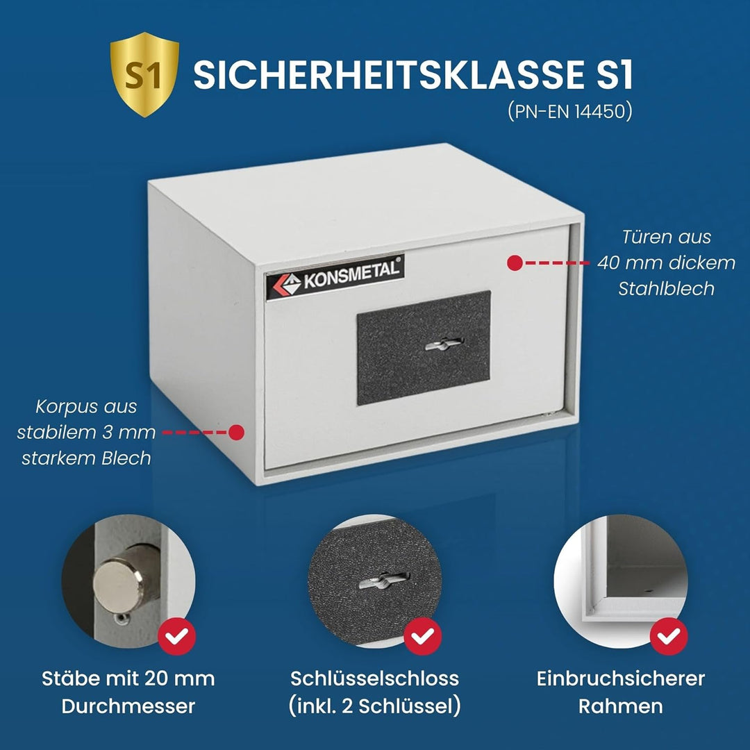 Konsmetall - Tresor für Zuhause Kolibri 2.0 16 S1, Safe Mit Schlüssel Abschliessbar, Möbeltresor 15,