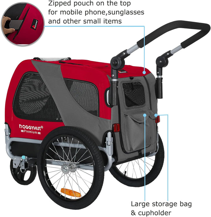 DOGGYHUT® Premium MEDIUM Hundefahrradanhänger & Jogger 2in1 Fahrradanhänger 80104 (Rot)