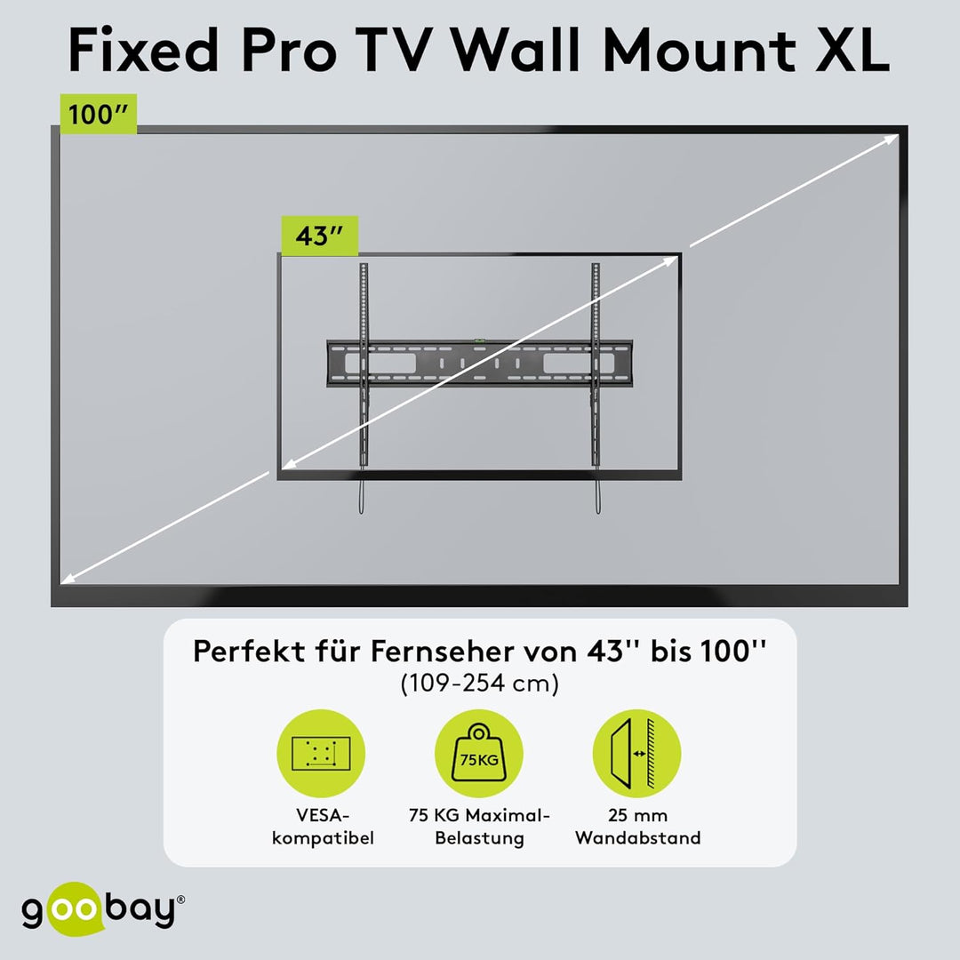 Goobay Feste Pro TV-Wandhalterung (XL), 43–100 Zoll Fernseher – max. 75 kg – einfache und sichere Mo