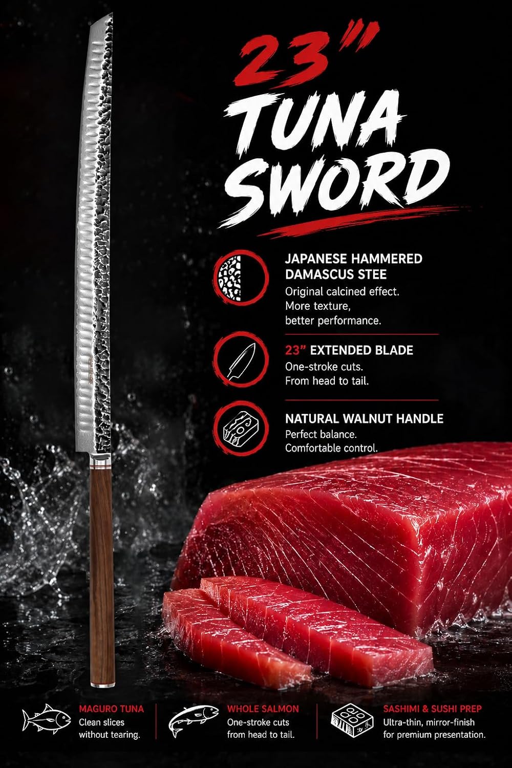 YOUSUNLONG Sakimaru-Messer 590mm Ultra Yanagiba - Japanische Hammer Damaststahlklinge - Natürlicher
